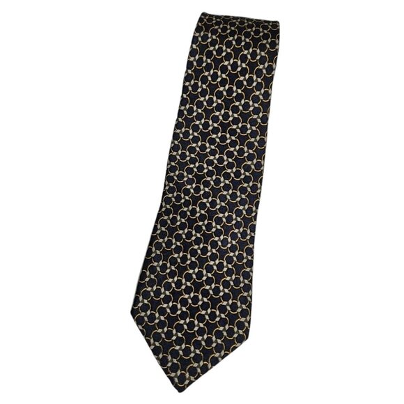 HERMÈS Men's 100% Silk Necktie LUXURY Tie 7085 OA Blue Chain W:3.2" EUC - Picture 1 of 4